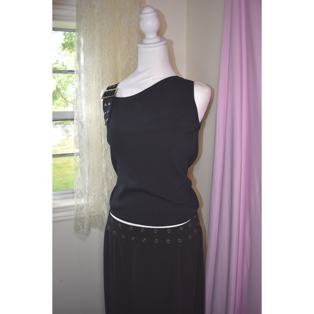 Joseph A Vintage 90s Black Knit Tank Top Gold Buckle Asymmetrical Neckline